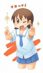 Rule 34 | 1girl, ;d, aioi yuuko, blue necktie, blue skirt, blush, brown eyes, brown hair, commentary request, cowboy shot, double v, highres, looking at viewer, necktie, nichijou, nishimura (prism engine), one eye closed, open mouth, pleated skirt, sailor collar, school uniform, serafuku, short hair, simple background, skirt, smile, solo, sparkle, tokisadame school uniform, translated, v, white background
