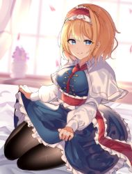 Rule 34 | 1girl, alice margatroid, bed sheet, between breasts, black pantyhose, blonde hair, blue dress, blue eyes, blush, breasts, capelet, closed mouth, commentary request, curtains, dress, eyelashes, frilled hairband, frilled sash, frills, hairband, highres, indoors, kozomezuki, lap pillow, lap pillow invitation, lifted by self, lolita hairband, looking at viewer, looking back, medium hair, necktie, necktie between breasts, on bed, pantyhose, parted lips, petals, pillow, puffy sleeves, red hairband, red necktie, red ribbon, red sash, ribbon, sash, seiza, sitting, smile, solo, thighs, touhou, white capelet, window, wrist cuffs