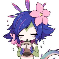 Rule 34 | 1girl, :3, blue hair, colored skin, cup, disposable cup, dokumi, drinking straw, drinking straw in mouth, flipped hair, flower, freckles, green skin, hair flower, hair ornament, happy, holding, holding cup, league of legends, medium hair, neeko (league of legends), pink flower, pink hair, simple background, smile, solo, tail, upper body, white background
