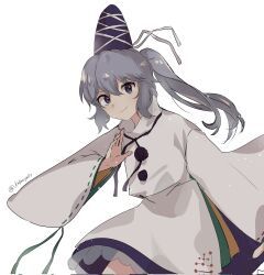 Rule 34 | 1girl, black hat, closed mouth, grey hair, hat, highres, japanese clothes, kalmeyaki, kariginu, long hair, long sleeves, looking at viewer, mononobe no futo, one-hour drawing challenge, pom pom (clothes), ponytail, ribbon-trimmed sleeves, ribbon trim, simple background, smile, solo, tate eboshi, touhou, twitter username, white background, wide sleeves