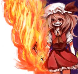 Rule 34 | 1girl, bad id, bad pixiv id, blouse, collared shirt, female focus, fire, flandre scarlet, hat, looking at viewer, mizuga, mob cap, red eyes, sharp teeth, shirt, smile, solo, teeth, touhou, white hat, white shirt
