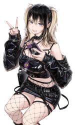 Rule 34 | 1girl, bag, belt, black bag, black choker, black hair, black sleeves, blonde hair, breasts, choker, cleavage, commentary, cross, crossed bangs, detached sleeves, eyelashes, fishnet thighhighs, fishnets, grey eyes, hair between eyes, handbag, highres, holding, holding phone, invisible chair, jewelry, leather, leather skirt, looking at viewer, medium breasts, miniskirt, mole, mole under eye, mole under mouth, multicolored hair, multiple rings, necklace, original, panties, pantyshot, phone, purple nails, ring, ryoga, simple background, sitting, skirt, sleeves past wrists, smile, solo, teeth, thighhighs, twintails, two-tone hair, underwear, v, white background, zipper, zipper pull tab