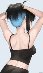 Rule 34 | 1girl, absurdres, arms behind head, arms up, artist name, back, back focus, black hair, blue background, blue hair, breasts, camisole, commentary, crop top, cross, cross earrings, earrings, english commentary, from behind, highres, holding, holding own hair, irene (kanniiepan), jewelry, kanniiepan, mole, mole on neck, multicolored hair, original, solo, sweat, tying hair, upper body