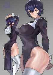 Rule 34 | 1girl, absurdres, arms behind head, ass, blue hair, breasts, brown eyes, buttoned cuffs, buttons, dress, highres, juaag acgy, large breasts, long dress, looking at viewer, looking back, original, short hair, slit, thighs
