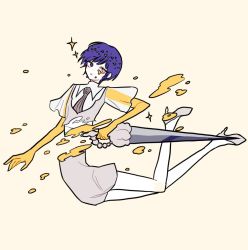 Rule 34 | 1other, androgynous, bad id, bad twitter id, blue eyes, blue hair, blunt bangs, broken, crying, crying with eyes open, full body, golden arms, heterochromia, high heels, houseki no kuni, looking at viewer, necktie, phosphophyllite, phosphophyllite (ll), see-through, see-through sleeves, short hair, simple background, solo, sparkle, spoilers, sword, tears, weapon, white eyes