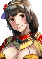 Rule 34 | 1girl, armor, black hair, blush, breasts, brown eyes, cleavage, cleavage cutout, clothing cutout, flower, hair flower, hair ornament, hairband, ii naotora (sengoku musou), japanese armor, large breasts, long hair, looking at viewer, mole, mole on breast, portrait, sengoku musou, sengoku musou 4, simple background, smile, solo, traditional media, white background, yasaidon