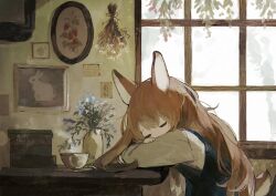 Rule 34 | 1girl, absurdres, animal, animal ears, book, book stack, bowl, brown hair, commentary, crossed arms, flower, hanging plant, highres, long hair, long sleeves, original, painting (object), picture frame, plant, plate, potted plant, rabbit, rabbit ears, rabbit girl, rabbit tail, sakutake (ue3sayu), shirt, sleeping, sleeping on desk, solo, symbol-only commentary, tail, window