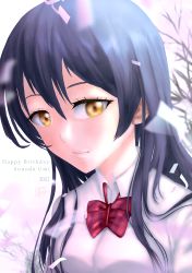 Rule 34 | 1girl, artist name, artist request, blue hair, blue skirt, blush, bow, bowtie, branch, breasts, brown eyes, checkered clothes, checkered skirt, close-up, collared shirt, female focus, hair between eyes, hair over shoulder, highres, long hair, looking at viewer, love live!, love live! school idol project, medium breasts, miniskirt, otonokizaka school uniform, parted lips, plaid, plaid skirt, pleated, pleated skirt, red bow, school uniform, shirt, short sleeves, skirt, smile, solo, sonoda umi, striped, striped bow, tree, white shirt, wing collar, yellow eyes