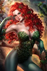 Rule 34 | 1girl, ayya sap, blush, breasts, cleavage, cowboy shot, dc comics, elbow gloves, gloves, green eyes, green gloves, green pants, hand on own face, large breasts, leaf, leotard, long hair, looking at viewer, outdoors, paid reward available, pants, poison ivy, red hair, solo