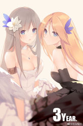 Rule 34 | 2girls, arm garter, bare shoulders, black dress, black gloves, blonde hair, blue eyes, braid, breasts, choker, cleavage, closed mouth, dress, elbow gloves, flower, gloves, grey hair, hair flower, hair ornament, hairclip, highres, jewelry, large breasts, lexington (warship girls r), looking at viewer, medium breasts, multiple girls, necklace, open mouth, pendant, saratoga (warship girls r), sideboob, sidelocks, simple background, smile, suisai., warship girls r, watermark, weibo watermark, white dress, white gloves, wings
