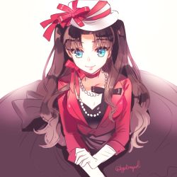 Rule 34 | 1girl, blue eyes, brown hair, byulrorqual, fate/stay night, fate (series), formal, hat, hat ribbon, jewelry, necklace, pearl necklace, ribbon, solo, tohsaka rin, two side up