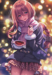 Rule 34 | 1girl, absurdres, bag, blue eyes, blurry, blurry background, blush, braid, chocolate, coat, detached sleeves, fingernails, food, fur trim, hair ornament, hair scrunchie, hanikami kanojo, head tilt, highres, holding, holding food, kurumi shinoha, long hair, looking at viewer, mole, mole under mouth, open mouth, piromizu, pleated skirt, scan, scarf, school bag, scrunchie, simple background, single braid, skirt, winter clothes, winter coat