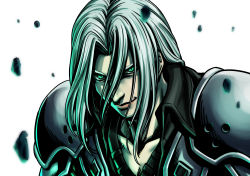 Rule 34 | 1boy, black shirt, buru-dai, collared shirt, commentary request, final fantasy, final fantasy vii, floating rock, glowing, glowing eyes, grey hair, high contrast, highres, long hair, looking at viewer, male focus, nose, sephiroth, shirt, shoulder pads, slit pupils, solo, square enix, white background