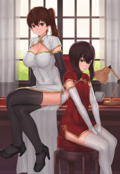 Rule 34 | 10s, 2girls, alternate costume, black gloves, black legwear, breasts, brown eyes, brown hair, china dress, chinese clothes, cleavage, cleavage cutout, clothing cutout, covered navel, cup, desk, desk lamp, dress, elbow gloves, female focus, franham, gloves, high heels, highres, kaga (kancolle), kantai collection, lamp, large breasts, crossed legs, long hair, long legs, looking at viewer, mug, multiple girls, on desk, short hair, side ponytail, sitting, on desk, small breasts, taihou (kancolle), thighhighs, white gloves, white legwear, window