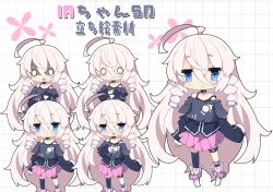 Rule 34 | 1girl, :3, ahoge, bare shoulders, black shirt, black thighhighs, blue eyes, blush, boots, braid, chibi, closed mouth, commentary, hair between eyes, hair ornament, ia (vocaloid), long hair, long sleeves, milkpanda, multiple views, nose blush, o o, open mouth, pink hair, pink skirt, pleated skirt, shaded face, shirt, single sock, single thighhigh, skirt, sleeves past fingers, sleeves past wrists, smile, socks, standing, strap slip, teardrop, thighhighs, translated, twin braids, very long hair, vocaloid, white footwear
