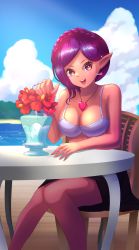 Rule 34 | 1girl, :d, absurdres, arene (pixiv fantasia age of starlight), artist name, beach, black skirt, blue sky, braid, breasts, brown eyes, chair, cleavage, day, drinking straw, flower, heart, heart necklace, highres, jewelry, large breasts, looking at viewer, loud, necklace, ocean, open mouth, outdoors, pixiv fantasia, pixiv fantasia age of starlight, purple hair, short hair, sitting, skirt, sky, smile, souramble, table, tan, water