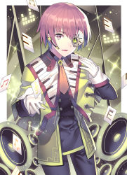 Rule 34 | 1boy, bad id, bad pixiv id, beamed quavers, card, fukase, gloves, headset, highres, male focus, monocle, musical note, original, piano keys, piano print, quaver, red eyes, red hair, smile, solo, sora 72-iro, treble clef, vocaloid, white gloves
