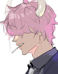 Rule 34 | 1boy, cigarette, clenched teeth, close-up, grey shirt, hair over eyes, horns, lowres, male focus, necktie, one piece, pink hair, profile, raine (acke2445), shirt, short hair, simple background, smoke, solo, teeth, white background, white horns, white necktie, who&#039;s who (one piece)