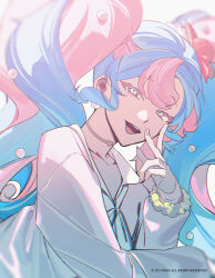Rule 34 | 1girl, aqua hair, choker, commentary, creatures (company), fairy miku (project voltage), flower, game freak, hair flower, hair ornament, hatsune miku, highres, k00s, long hair, long sleeves, looking at viewer, multicolored hair, nail polish, nintendo, open mouth, pink hair, pink nails, pokemon, project voltage, scrunchie, simple background, solo, twintails, upper body, v, very long hair, vocaloid, wrist scrunchie