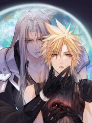 Rule 34 | 2boys, armor, ball, black coat, black gloves, blonde hair, chest strap, cloud strife, coat, final fantasy, final fantasy vii, final fantasy vii rebirth, final fantasy vii remake, gloves, green eyes, grey hair, hair between eyes, half-closed eyes, hand on another&#039;s chin, highres, holding, holding ball, long hair, male focus, materia, mikatsukikuroba, multiple boys, parted bangs, parted lips, sephiroth, short hair, shoulder armor, single bare shoulder, single shoulder pad, sleeveless, sleeveless turtleneck, slit pupils, spiked hair, suspenders, turtleneck, upper body, yaoi