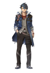 Rule 34 | 1boy, belt, black hair, black pants, blue coat, blue eyes, blue hair, brown belt, closed mouth, coat, collarbone, dog tags, earrings, eiyuu densetsu, enami katsumi, falcom, full body, grey vest, grin, hair between eyes, hand in pocket, jewelry, kuro no kiseki, long sleeves, looking at viewer, metal belt, multicolored hair, multiple belts, official art, open clothes, open coat, pants, partially unzipped, red shirt, shirt, shoes, short hair, silver footwear, simple background, smile, solo, spiked hair, standing, strap, swept bangs, thigh strap, third-party source, two-tone hair, van arkride, vest, white background, wristband