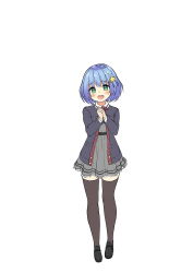 Rule 34 | 1girl, :o, asa no ha (awayuki), black footwear, blue hair, blush, braid, flat color, full body, green eyes, grey skirt, hair ornament, hands up, highres, looking at viewer, own hands together, short hair, simple background, skirt, solo, standing, star (symbol), star hair ornament, thighhighs, white background