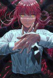 Rule 34 | 1girl, black necktie, blood, blood splatter, blush, breasts, business suit, buttoned cuffs, buttons, chainsaw man, dda gae bi, formal, highres, long hair, long sleeves, looking at viewer, makima (chainsaw man), medium breasts, necktie, own hands together, red hair, ringed eyes, sinister, solo, suit, yellow eyes