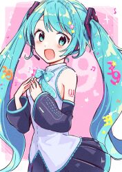 Rule 34 | 1girl, 39, :d, aoiyui, bare shoulders, black skirt, black sleeves, blue bow, blue bowtie, blue eyes, blue hair, blue nails, blush, border, bow, bowtie, collared shirt, cowboy shot, detached sleeves, dot nose, frilled shirt, frills, hatsune miku, headset, highres, long hair, long sleeves, looking at viewer, microphone, miniskirt, nail polish, number tattoo, open mouth, own hands together, parted bangs, pleated skirt, shirt, skirt, sleeveless, sleeveless shirt, smile, solo, tattoo, twintails, very long hair, vocaloid, white border, white shirt