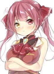 Rule 34 | 1girl, arms under breasts, bare shoulders, blush, breasts, brooch, commentary, crossed arms, gau (n00 shi), heterochromia, highres, hololive, houshou marine, jewelry, large breasts, long hair, no eyepatch, pink hair, pout, red eyes, simple background, sketch, sleeveless, solo, twintails, upper body, virtual youtuber, white background, yellow eyes