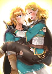 Rule 34 | 1boy, 1girl, black gloves, blonde hair, blue eyes, blush, boots, brown hair, cape, carrying, closed eyes, earrings, elf, gloves, grin, hair ornament, hairclip, happy, highres, holding, jewelry, laughing, link, nintendo, open mouth, pointy ears, princess carry, princess zelda, short hair, smile, sword, the legend of zelda, the legend of zelda: tears of the kingdom, weapon