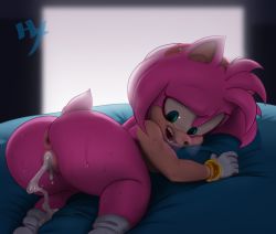 Rule 34 | 1girl, aftersex, amy rose, animal ears, animal nose, anus, artist name, ass, backlighting, body fur, breath, cum, cum in pussy, cumdrip, female focus, from behind, furry, furry female, gloves, green eyes, hairband, half-closed eye, hexanne, highres, indoors, looking down, nude, on bed, open mouth, pink fur, pink hair, pussy, red hairband, short hair, sidelocks, sideways mouth, signature, snout, socks, solo, sonic (series), sweat, tail, teeth, textless version, thick thighs, thighs, top-down bottom-up, two-tone fur, uncensored, uneven eyes, white gloves, white socks, yellow fur