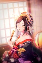 Rule 34 | 1girl, absurdres, bare shoulders, black hair, black kimono, blush, breasts, cleavage, collarbone, floral print, folding fan, green eyes, hair ornament, hair stick, hand fan, highres, idolmaster, idolmaster cinderella girls, japanese clothes, kimono, large breasts, long hair, long sleeves, looking at viewer, mukai takumi, off shoulder, open mouth, parted bangs, sash, seiza, shangzi, sitting, solo, wide sleeves, window
