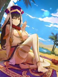 Rule 34 | 1girl, barefoot, beach, breasts, brown eyes, brown hair, cleavage, fate/grand order, fate (series), feet, highres, hsin, large breasts, long hair, looking at viewer, palm tree, smile, solo, toes, tree, underboob, xuangzang sanzang (fate)