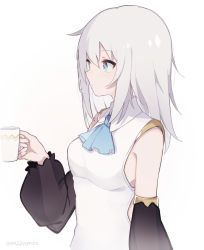 Rule 34 | 1girl, ars almal, blue neckwear, breasts, captain yue, check copyright, commentary request, copyright request, detached sleeves, from side, highres, holding, large breasts, long hair, nijisanji, see-through, shirt, simple background, sleeveless, sleeveless shirt, solo, virtual youtuber, white background, white hair, white shirt