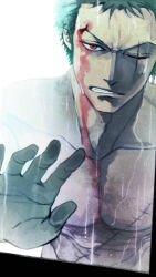 Rule 34 | 1boy, abs, blood, blood on chest, blood on face, chinese commentary, clenched teeth, commentary request, earrings, green hair, highres, jewelry, male focus, one eye closed, one piece, red eyes, roronoa zoro, scar, scar across eye, scar on chest, scar on face, short hair, single earring, solo, teeth, topless male, vovo2000, water drop
