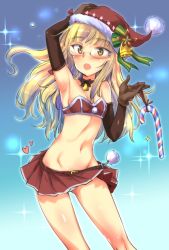 Rule 34 | 1girl, aohashi ame, bell, belt, blonde hair, candy, candy cane, choker, food, glasses, gloves, hand on headwear, hat, heart, panties, perrine h. clostermann, santa costume, santa gloves, santa hat, strike witches, underwear, upskirt, white panties, world witches series, yellow eyes