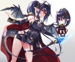 Rule 34 | 1girl, belt, black belt, black gloves, black hair, breasts, cape, character request, chibi, copyright request, crystal, detached collar, detached sleeves, dragon tail, dragon wings, epaulettes, fingernails, foot out of frame, gloves, hair between eyes, highres, holding, holding polearm, holding spear, holding weapon, horns, kumatora tatsumi, large breasts, long fingernails, long hair, pointy ears, polearm, ponytail, sideboob, sidelocks, single glove, smile, spear, tail, thigh strap, weapon, wings