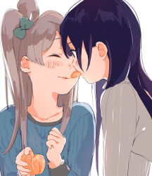 Rule 34 | 2girls, blue hair, blush, bow, bowtie, brown bow, brown eyes, brown neckwear, eye contact, funinki, green bow, hair between eyes, hair bow, hand in another&#039;s hair, long hair, looking at another, love live!, love live! school idol project, minami kotori, multiple girls, parted lips, school uniform, shirt, side ponytail, simple background, sketch, sonoda umi, very long hair, white background, white shirt, yuri