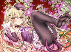 Rule 34 | 1girl, ahoge, black pantyhose, black sleeves, blonde hair, blush, bow, brown eyes, brown hat, detached sleeves, dress, flower, flower knight girl, hair between eyes, hair ornament, hat, highres, kuko (flower knight girl), legs up, long sleeves, looking at viewer, lying, name connection, no shoes, object namesake, on back, pantyhose, parted lips, peaked cap, purple dress, purple flower, shiodome oji, sleeves past wrists, smile, soles, solo, striped, striped bow, thighs, tilted headwear, x hair ornament