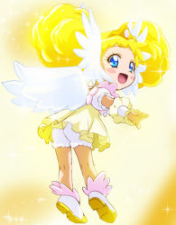 Rule 34 | 10s, 1girl, blonde hair, bloomers, blue eyes, blush stickers, candy (smile precure!), double bun, haruyama kazunori, head wings, looking at viewer, looking back, magical girl, open mouth, personification, precure, royal candy, smile precure!, solo, tiara, white bloomers, wings