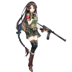 Rule 34 | 1girl, ammunition pouch, armband, black gloves, black thighhighs, boots, braid, breasts, canteen, fingerless gloves, full body, girls&#039; frontline, gloves, gun, headphones, holding, holding gun, holding weapon, integral suppressor, integrally-suppressed firearm, large breasts, long hair, looking at viewer, pouch, purple eyes, red armband, red star, sleeveless, smile, solo, star (symbol), submachine gun, suppressor, thighhighs, transparent background, type 64 (girls&#039; frontline), type 64 smg, very long hair, weapon
