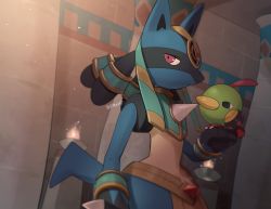 Rule 34 | bird, blurry, closed mouth, commentary request, creatures (company), fire, frown, game freak, gen 2 pokemon, gen 4 pokemon, highres, jewelry, lucario, lucario (ruins), natu, nintendo, pokemon, pokemon (creature), pokemon unite, red eyes, spikes, twitter username, watermark, yukifuri tsuyu