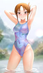 Rule 34 | 1girl, absurdres, armpits, arms behind head, ashihana renge, besmiled, blue one-piece swimsuit, brown eyes, brown hair, cameltoe, closed mouth, commission, competition swimsuit, covered navel, highleg, highres, karakuri circus, looking at viewer, one-piece swimsuit, outdoors, partially submerged, pixiv commission, short hair, solo, standing, swimsuit, thighs