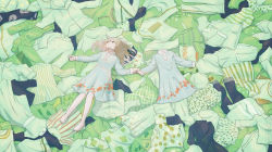 Rule 34 | 1girl, absurdres, avogado6, barefoot, blonde hair, blue dress, unworn clothes, dress, closed eyes, green theme, hair spread out, highres, long hair, long sleeves, lying, negative space, no mouth, on back, original, solo