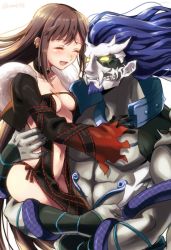 Rule 34 | 1boy, 1girl, arm strap, black dress, black gloves, black jacket, blue hair, blush, breasts, brown hair, carrying, centaur, center opening, choker, cleavage, closed eyes, collarbone, cropped jacket, dress, earrings, elbow gloves, fate/grand order, fate (series), fur-trimmed jacket, fur trim, gloves, hug, jacket, jewelry, long hair, medium breasts, multiple earrings, navel, open clothes, open jacket, open mouth, princess carry, ribbon-trimmed dress, seeds328, smile, taur, very long hair, xiang yu (fate), yellow eyes, yu mei-ren (fate)
