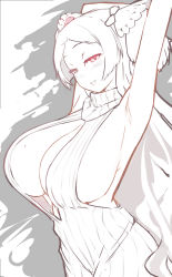 Rule 34 | 1girl, arms up, backless outfit, blush, breasts, character request, cleavage cutout, clothing cutout, copyright request, hair ornament, half-closed eyes, highres, huge breasts, indie virtual youtuber, long hair, looking at viewer, mole, mole on breast, nekobuki kemuri, open mouth, orange eyes, pen (pen3), sidelocks, smile, solo, spot color, sweater, two side up, virtual youtuber