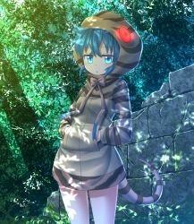 Rule 34 | 10s, 1girl, aqua hair, blue eyes, blush, bow, brown bow, crack, cracked wall, dappled sunlight, hands in pockets, highres, hood, hoodie, kakutasu (akihiron cactus), kemono friends, looking at viewer, parted lips, snake tail, solo, striped clothes, striped hoodie, sunlight, tail, tsuchinoko (kemono friends)