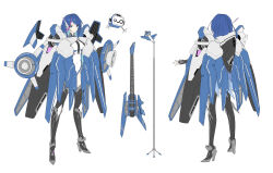 Rule 34 | 1girl, absurdres, blue eyes, blue hair, character request, commentary request, copyright request, covered navel, electric guitar, flat color, from behind, full body, guitar, highres, instrument, long hair, looking at viewer, microphone stand, multicolored hair, multiple views, mytea (soso), purple hair, smile, speaker, streaked hair, thighhighs, virtual youtuber