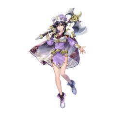 Rule 34 | 1girl, absurdres, ankle boots, armor, asatani tomoyo, axe, battle axe, belt, black hair, boots, breastplate, cape, collarbone, commentary, dress, fire emblem, fire emblem: genealogy of the holy war, fire emblem heroes, full body, hat, highres, holding, holding weapon, larcei (fire emblem), long sleeves, looking at viewer, nintendo, official art, open mouth, over shoulder, purple dress, purple eyes, short dress, short hair, short sleeves, shoulder armor, sidelocks, simple background, smile, solo, thigh strap, thighs, weapon, weapon over shoulder, white background