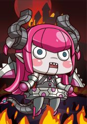 Rule 34 | 1girl, april fools, blue eyes, blush stickers, chibi, curled horns, dragon tail, elizabeth bathory (fate), fate/grand order, fate (series), fire, full moon, horns, humanoid robot, long hair, mecha eli-chan (fate), moon, official art, open mouth, pink hair, pointy ears, red moon, riyo (lyomsnpmp), robot, sharp teeth, solo, tail, teeth